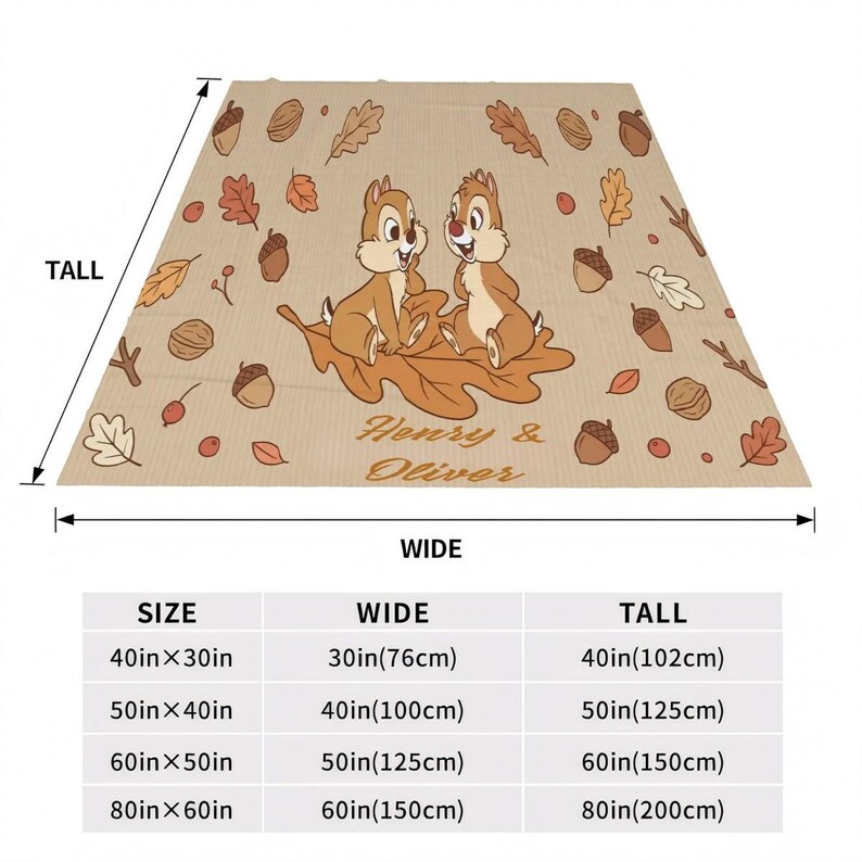 Manta de Chip y Dale de Disney: Manta polar beige con diseño de hojas de otoño y nombre personalizado. imagen 3