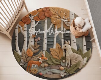 Personalized Woodland Animals Rug: Custom Nursery Decor