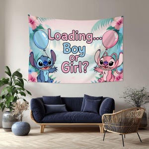 Disney Stitch Gender Reveal Polyester Tapestry Backdrop, Boy or Girl Banner 60x40 90x60 image 4
