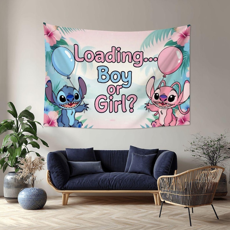 Disney Stitch Gender Reveal Polyester Tapestry Backdrop, Boy or Girl Banner 60x40 90x60 image 4