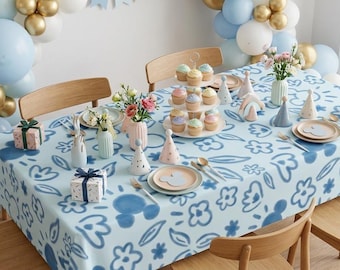 Mickey Mouse Blue Floral Polyester Tablecloth, Rectangle 55x70 In, Wrinkle Resistant Waterproof