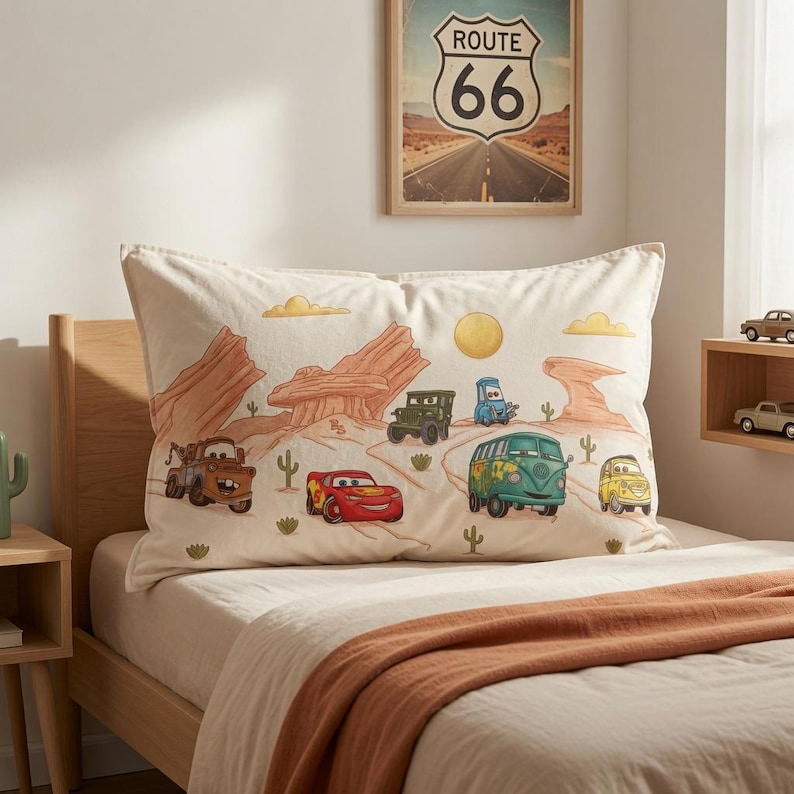 May include: A rectangular pillowcase featuring a desert landscape print with characters from the movie Cars, including Lightning McQueen, Mater, and Fillmore. The scene includes red rock formations, cacti, a yellow sun, and clouds on a cream background.