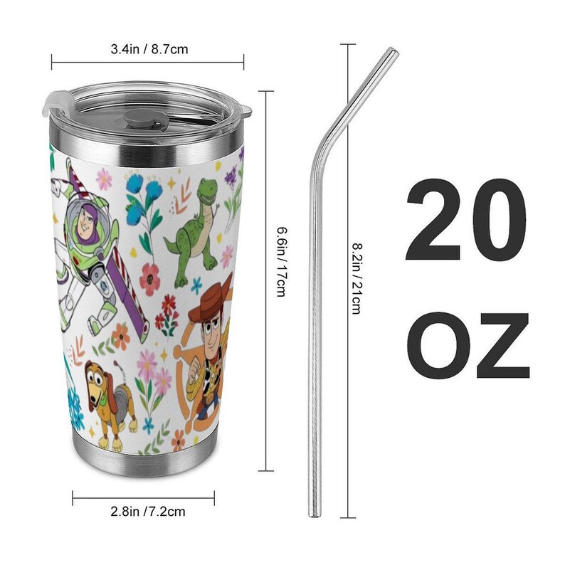 Vaso térmico de acero inoxidable de 590 ml con personajes de Toy Story, taza de viaje de Woody, Buzz, Jessie y Rex, vaso térmico floral de Disney con pajita. imagen 3