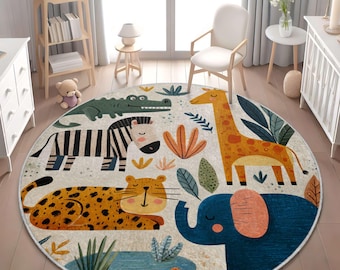 May include: A round area rug featuring a cream background with colorful illustrations of a green crocodile, a black and white zebra, a yellow giraffe, a spotted orange leopard, and a blue elephant, surrounded by various green and orange plants.