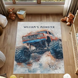 Monster Truck Rug for Boys Room - Custom Name Baby Play Mat, Watercolor Vehicles Nursery Carpet, Toddler Bedroom Decor, Baby Room Truck Rug