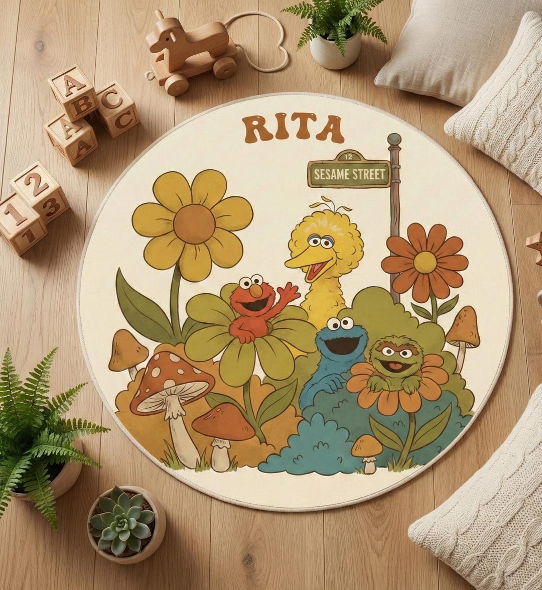 Elmo Round Custom Sesame Street Round Rug, Elmo Cookie Monster Oscar Big Bird ...