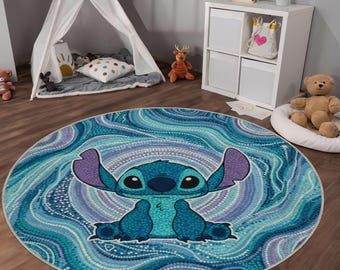 Stitch Aboriginal Art Nursery Rug, Blue Dot Kids Rug, Baby Playmat, Disney-Inspired Round Carpet