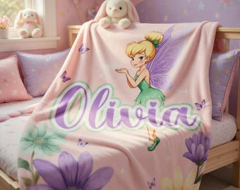 Disney Tinker Bell Blanket, Personalized Tinker Bell Nursery Decor, Custom Disney Fairy Plush Blanket, Peter Pan Tinker Bell Gift