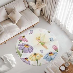 Tinkerbell Fairy Nursery Rug, Magical Garden Round Playmat, Soft Baby Girl Carpet, Floor Mat image 3