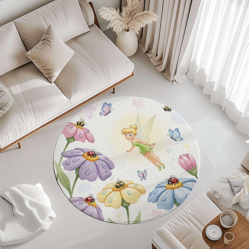 Tinkerbell Fairy Nursery Rug, Magical Garden Round Playmat, Soft Baby Girl Carpet, Floor Mat image 3