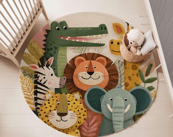 May include: A round area rug featuring a colorful jungle theme with illustrations of a green crocodile, a zebra, a lion, a yellow leopard, and a blue elephant. The design includes tropical leaves and a woven basket containing a plush toy.