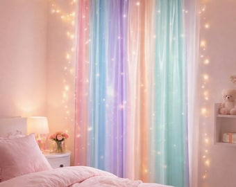 Cortina transparente de arcoíris pastel para habitación de niñas, decoración de ventanas, cortinas iridiscentes con estrellas galácticas para guardería, cortinas estilo boho para niños.