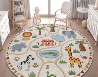 Jungle Safari Animals Rug: Soft Nursery Playroom Carpet
