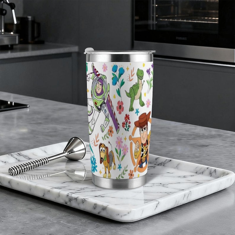 Vaso térmico de acero inoxidable de 590 ml con personajes de Toy Story, taza de viaje de Woody, Buzz, Jessie y Rex, vaso térmico floral de Disney con pajita. imagen 4