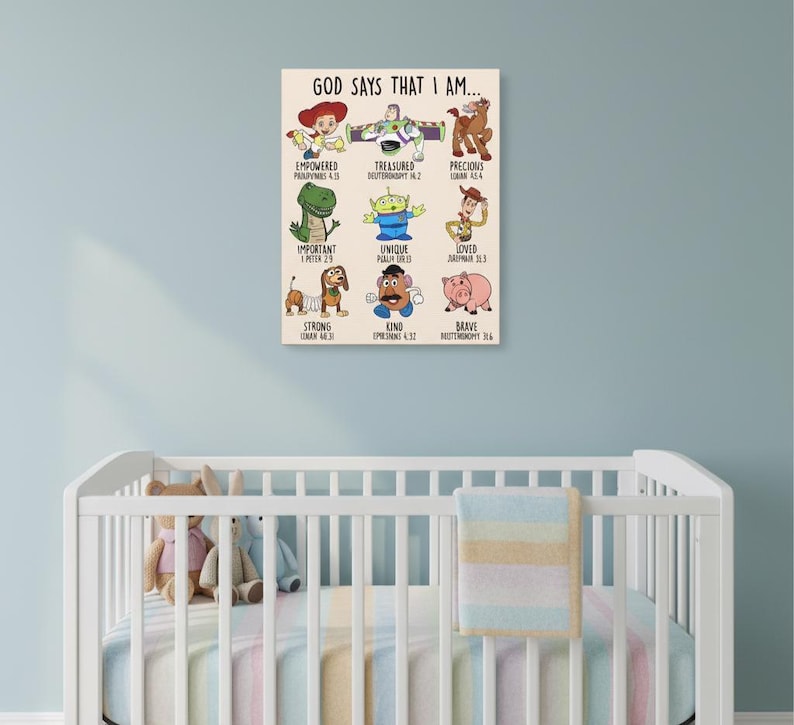 May include: A rectangular canvas print with the text "GOD SAYS THAT I AM..." and various character illustrations. The print features characters with words like "Empowered," "Treasured," and "Precious."