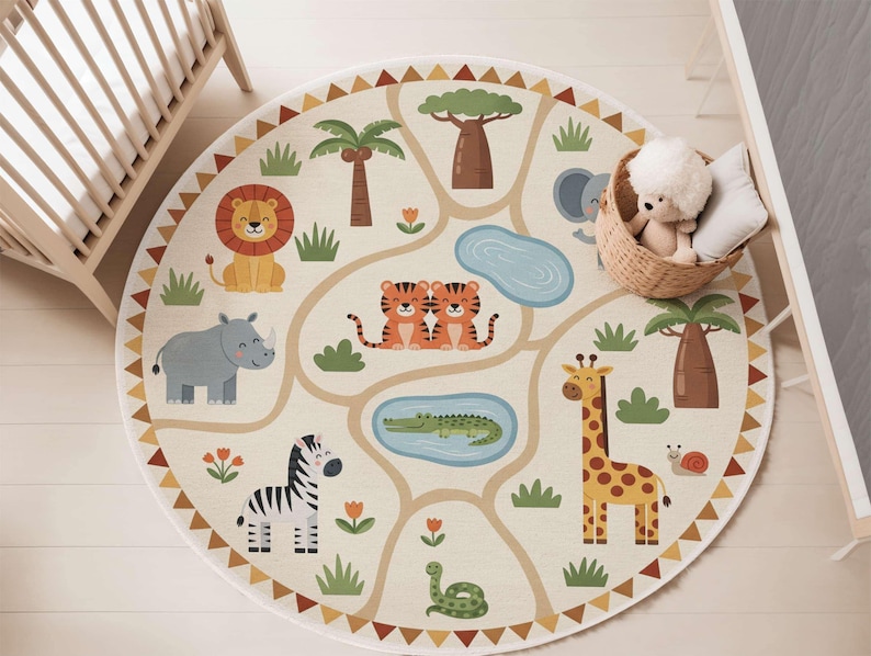 Jungle Safari Animals Rug: Soft Nursery Playroom Carpet image 5