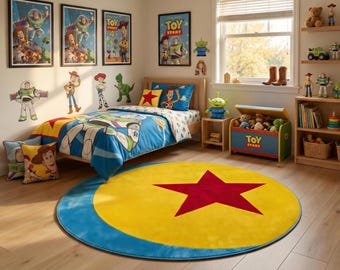 Pixar Ball Rug Toy Story Rug, Luxo Ball Round Carpet, Soft Velveteen Kids Playroom Rug, Disney World Home Decor, Red Star Yellow Blue Rug