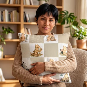 Classic Pooh Bear Patchwork Pillowcase - Soft Beige, Hidden Zipper Closure