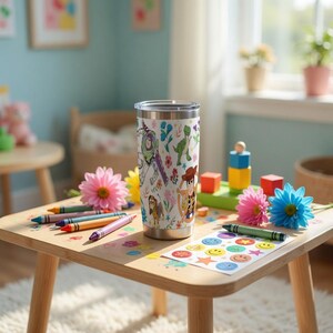 Puede incluir: Un vaso de acero inoxidable con un dise&ntilde;o de Toy Story, colocado sobre una peque&ntilde;a mesa de madera. La mesa tambi&eacute;n contiene crayones, pegatinas y flores. El fondo presenta una ventana y una pared azul claro. El vaso mide unos 20 cm de alto.