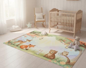 Woodland Nursery Rug – Soft Forest Animal Carpet, Baby Room Decor