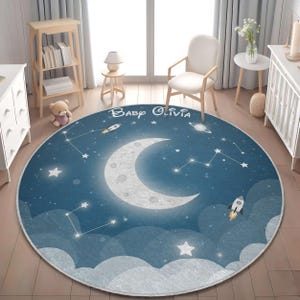 Personalized Round Moon and Stars Nursery Rug - Baby Boy Girl Rug – Custom Kids Room Carpet – Soft Space Play Mat - Baby Room -Newborn Gift