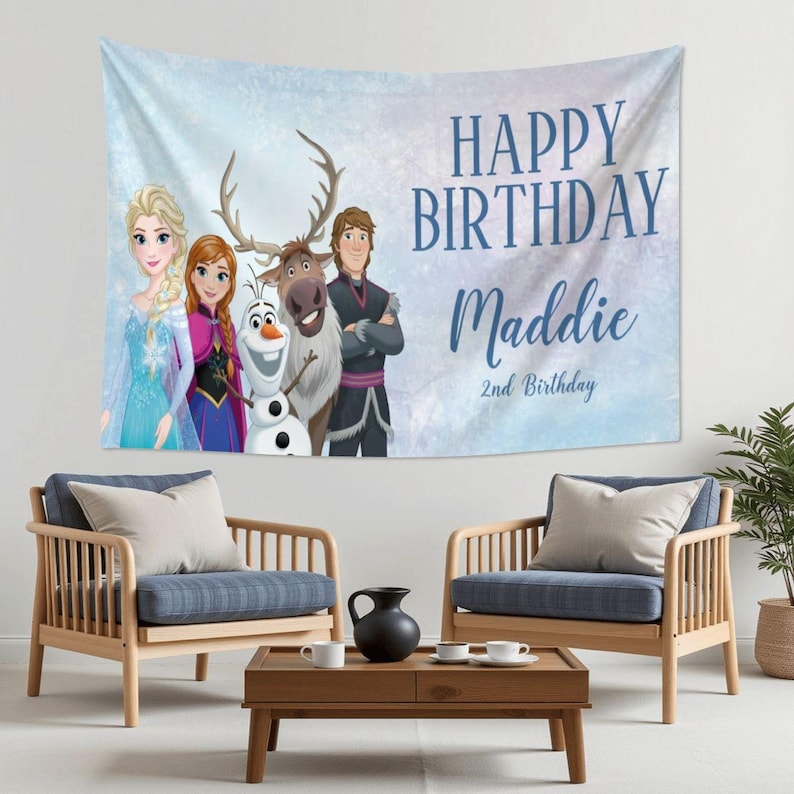 Frozen Birthday Backdrop, Elsa Anna Olaf Party Banner, Personalized Frozen Tapestry, Winter Onederland Decor, Custom Princess Birthday Gift image 5