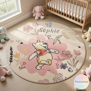 Personalized Winnie the Pooh Rug Custom Kids Room Carpet, Disney Nursery Decor, Classic Pooh Bear Baby Shower Gift, Floral Round Rug