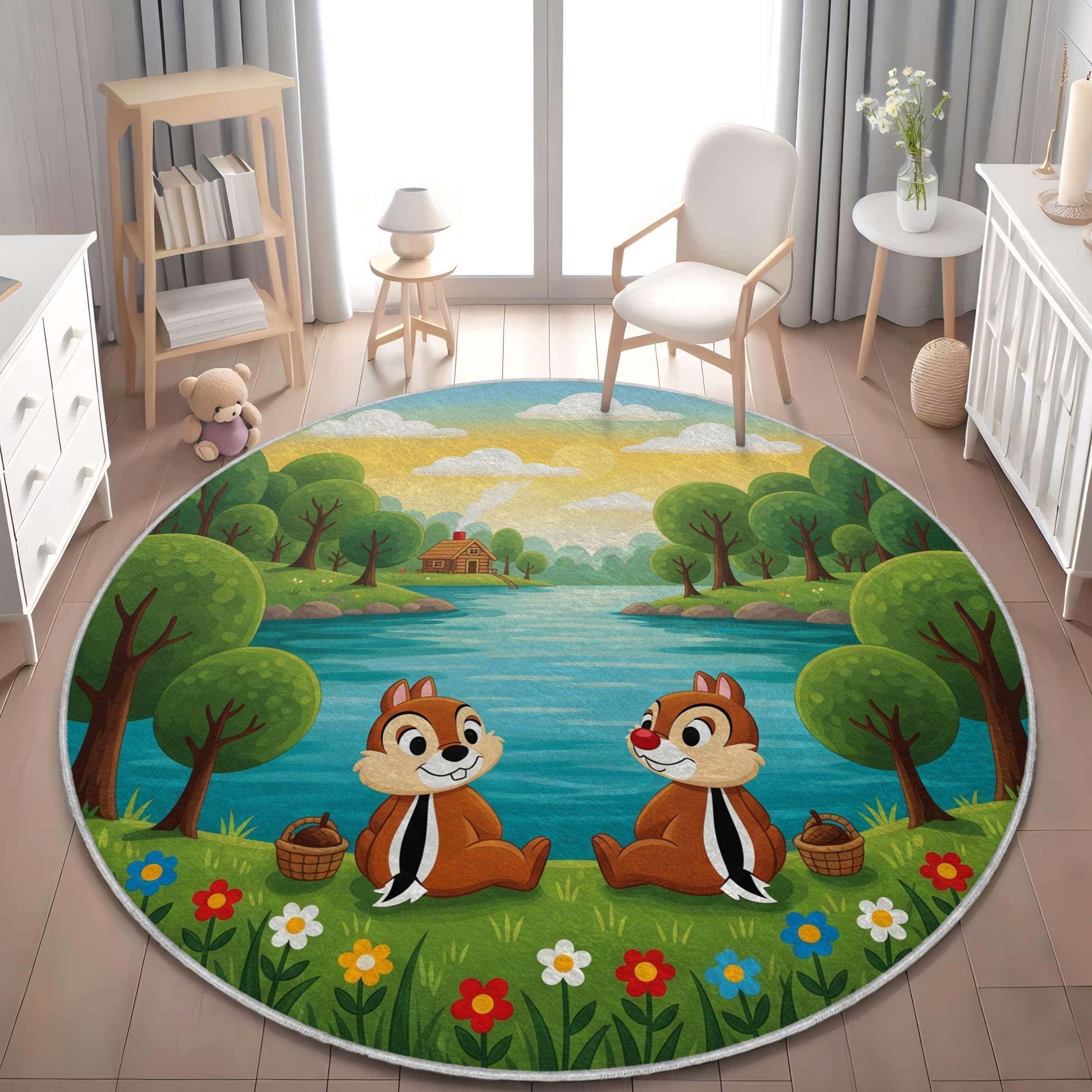 Discover Chip and Dale Nursery Rug, Cartoon Forest Lake Cabin Scene