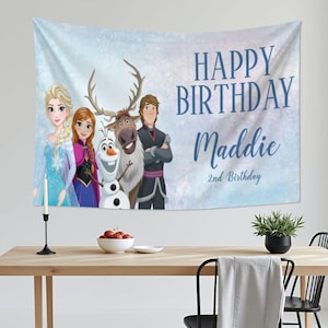 Frozen Birthday Backdrop, Elsa Anna Olaf Party Banner, Personalized Frozen Tapestry, Winter Onederland Decor, Custom Princess Birthday Gift image 4