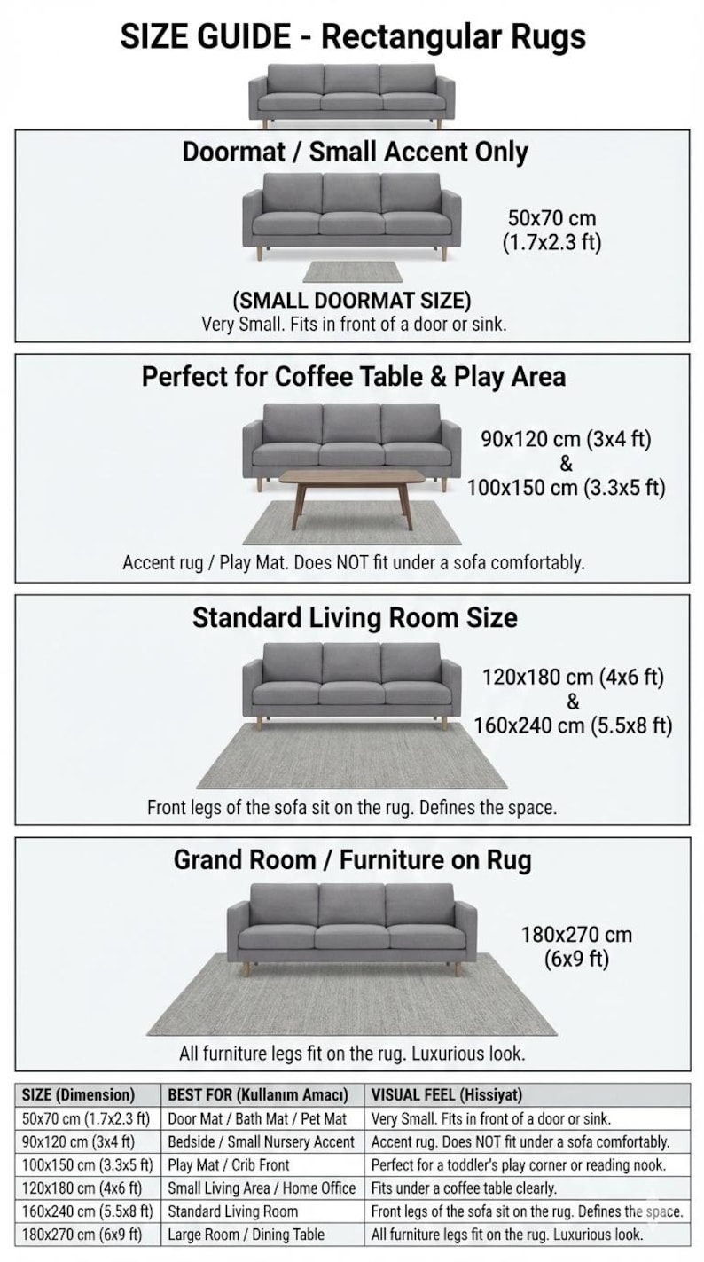 The image is a guide for rectangular rugs, providing dimensions and descriptions for different types of rugs, including a door mat, a coffee table and play area rug, a standard living room rug, and a grand room rug.