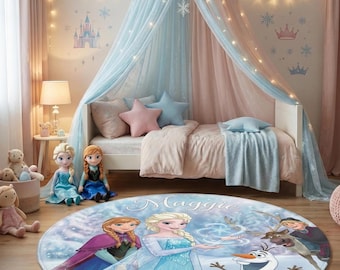 Gepersonaliseerd Frozen-tapijt, rond Elsa en Anna-kamerdecoratie, mat met naam voor meisjeskamer, Disney-speelkamerkleed, Olaf Sven kindervloermat