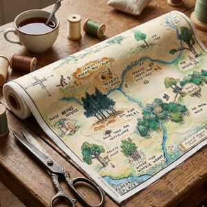 Puede incluir: Ilustración de mapa enrollado con un diseño caprichoso con texto e ilustraciones de un bosque y casas. El mapa está sobre una mesa de madera con una taza de té, carretes de hilo y tijeras.