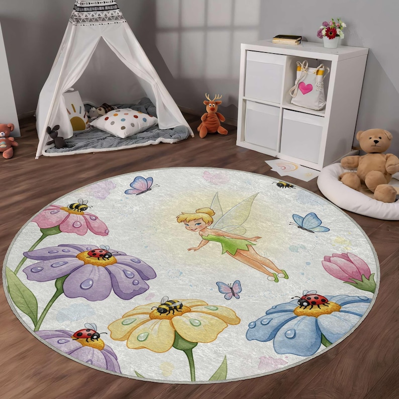 Tinkerbell Fairy Nursery Rug, Magical Garden Round Playmat, Soft Baby Girl Carpet, Floor Mat image 4