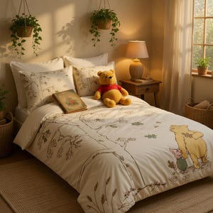 Puede incluir: Juego de cama color crema con diseño de árbol e ilustraciones de Winnie the Pooh y Piglet. Incluye funda nórdica, fundas de almohada y un peluche de Winnie the Pooh. Un libro vintage descansa sobre la cama.