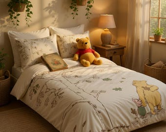 Classic Winnie the Pooh Duvet Cover, Piglet & Pooh Bedding Set, Vintage Disney Nursery Kids Decor, 100% Cotton Comforter Cover Kids