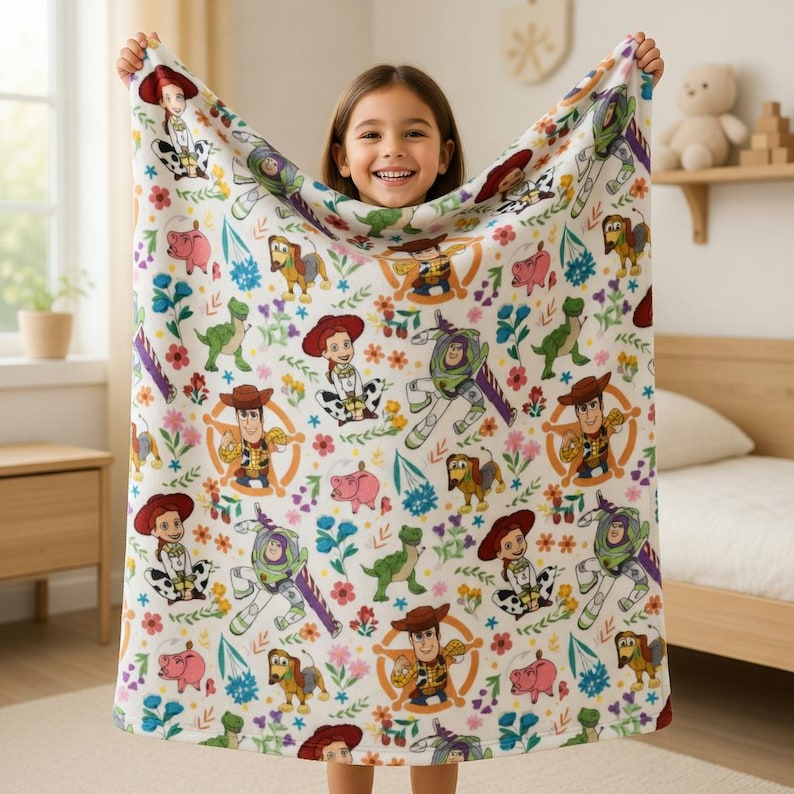 May include: A white blanket featuring a colorful pattern of Toy Story characters, including Woody, Buzz Lightyear, and Jessie, along with flowers and other elements. The blanket is held up by a person.