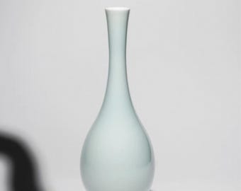 May include: A light blue ceramic vase with a long, slender neck and a rounded body. The vase has a smooth, glossy finish.