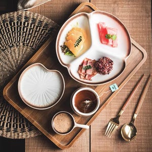 Handmade Compartment Plate Set of 8, Ceramic & Wood, bowl/cup, Chopsticks, Fork, Spoon, Tray, Gift Set