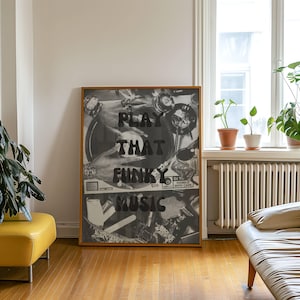 Plakat retro „Play That Funky Music” | Funky Home Decor | Sztuka ścienna | Klimat lat 70., prezent dla miłośników muzyki | Styl vintage