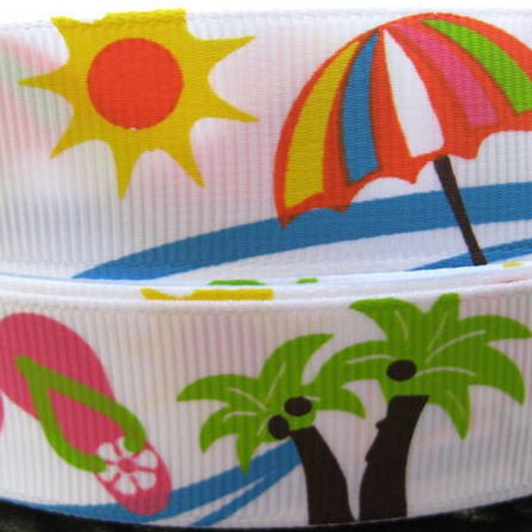 7/8 BEACH Theme Printed Grosgrain Ribbon 10 YARDS Making Hair Bow Supplies Printed Ribbon by the Yard Umbrella flip flops