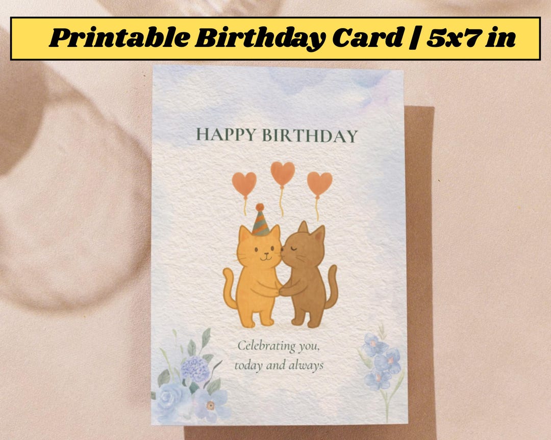 Printable Cat Birthday Card for Girlfriend Digital Download 5x7 In ...