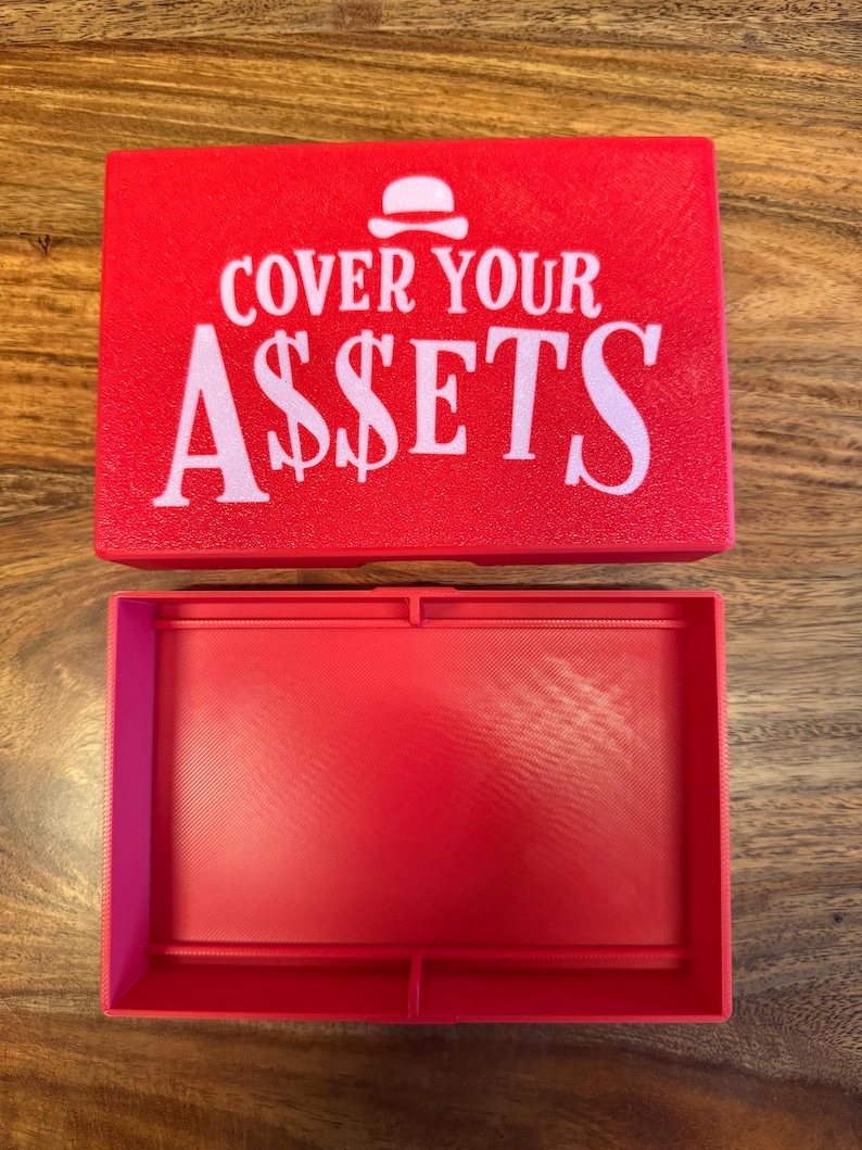 Op de afbeelding: Een rode rechthoekige doos met de tekst "COVER YOUR A$$ETS" in het wit. De doos is open en onthult een bijpassend rood interieur. Het ontwerp bevat een klein burger-pictogram boven het woord "COVER".
