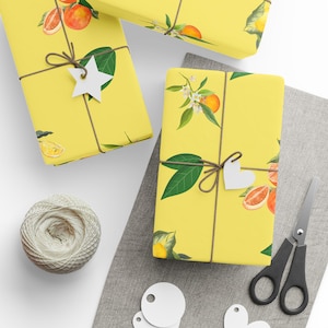 Geschenkpapier, Zitrusfrüchte und Blätter Design, Sommer Geschenkpapier, Gelbe Geschenkpapier, Obst Muster, Tropisches Geschenkpapier