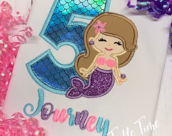 Mermaid with brown hair Birthday shirt teal lavender purple glitter number 1st 2nd 3rd 4th 5th 6th 7th 8th 9th  Little Mermaid Under the sea