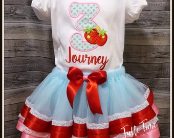 Strawberry birthday outfit ribbon trim tutu with shirt party dress