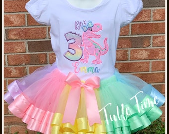 T-Rex Girly Dino Girly Dinosaur birthday Shirt tutu outfit ribbon trim tutu pastel Embroidered Girl Dinosaur shirt