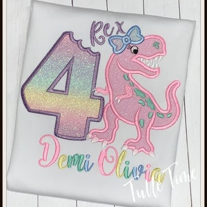 T-Rex Girly Dino birthday Shirt, 3 Rex Dinosaur shirt, Embroidered Girl Dinosaur shirt, Pink Dino shirt, Pink Dinosaur shirt Free Shipping