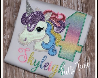 Pastel Rainbow Unicorn birthday shirt glitter number