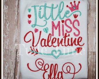 Personalized Little Miss Valentine Valentines Day shirt or bodysuit Aqua red hot pink