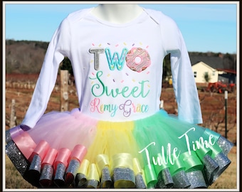 Two Sweet Donut Birthday Tutu Outfit, Personalized Donut Birthday Shirt, 2nd donut rainbow ribbon tutu